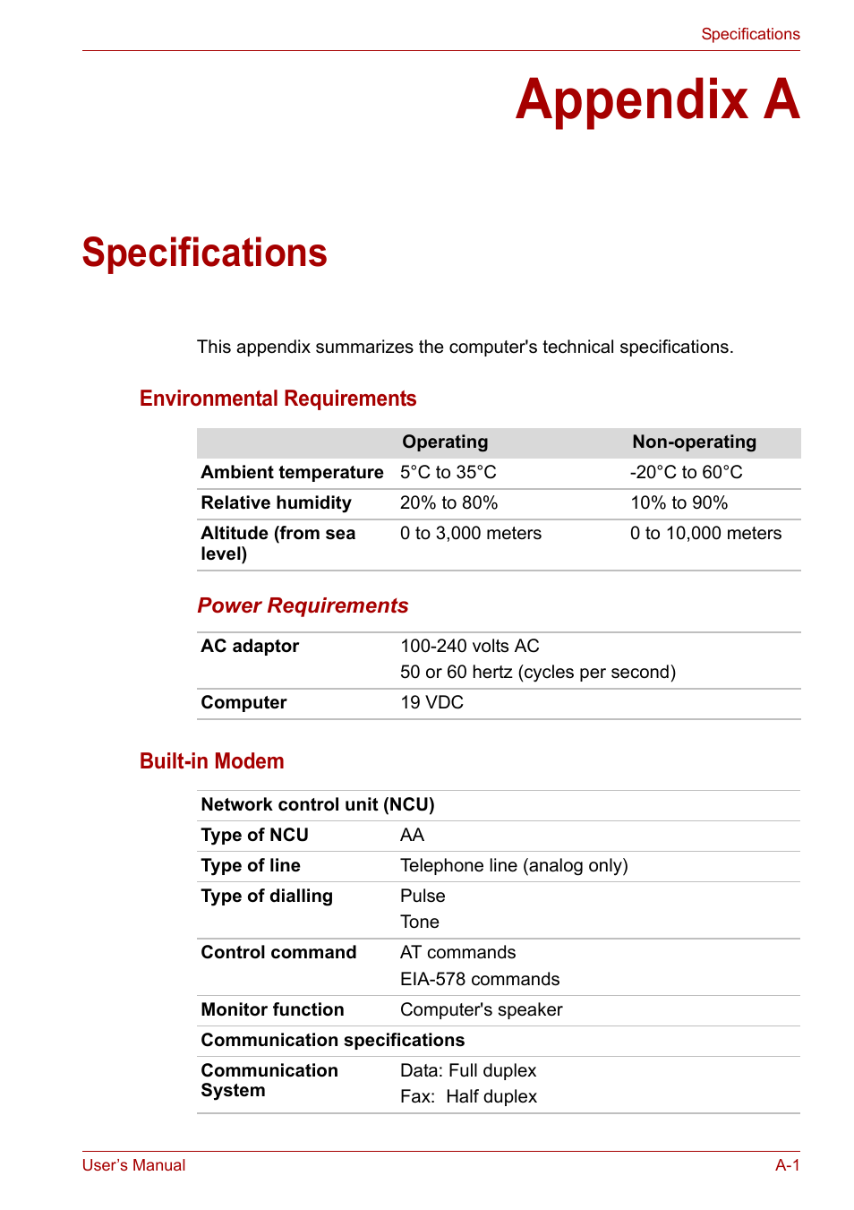 Appendix a: specifications, Appendix a, Specifications | Appendices | Toshiba Satellite Pro U400 User Manual | Page 147 / 175