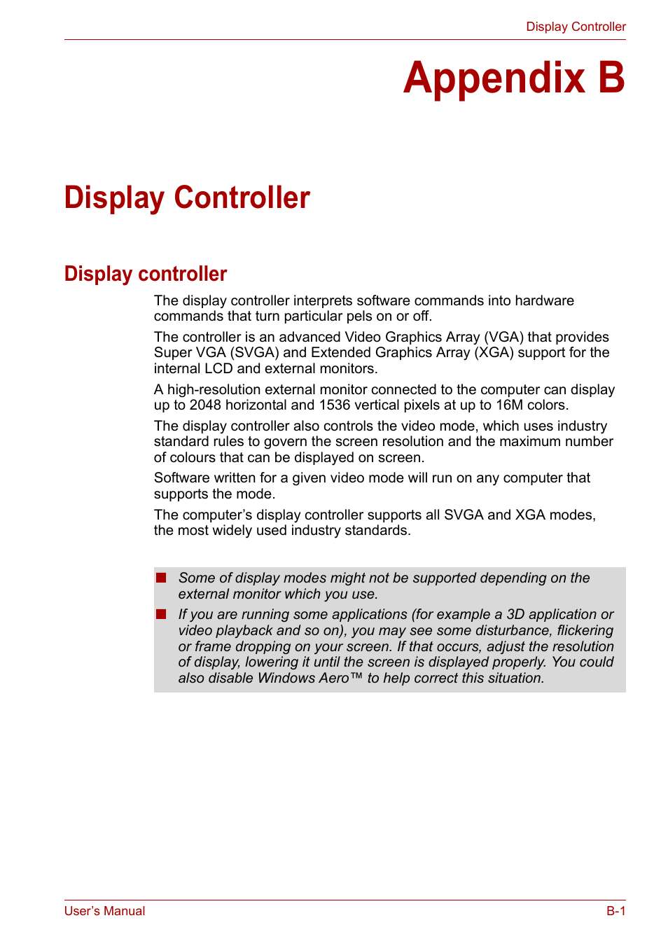 Appendix b: display controller, Appendix b, Display controller | Toshiba Satellite Pro U400 User Manual | Page 149 / 175