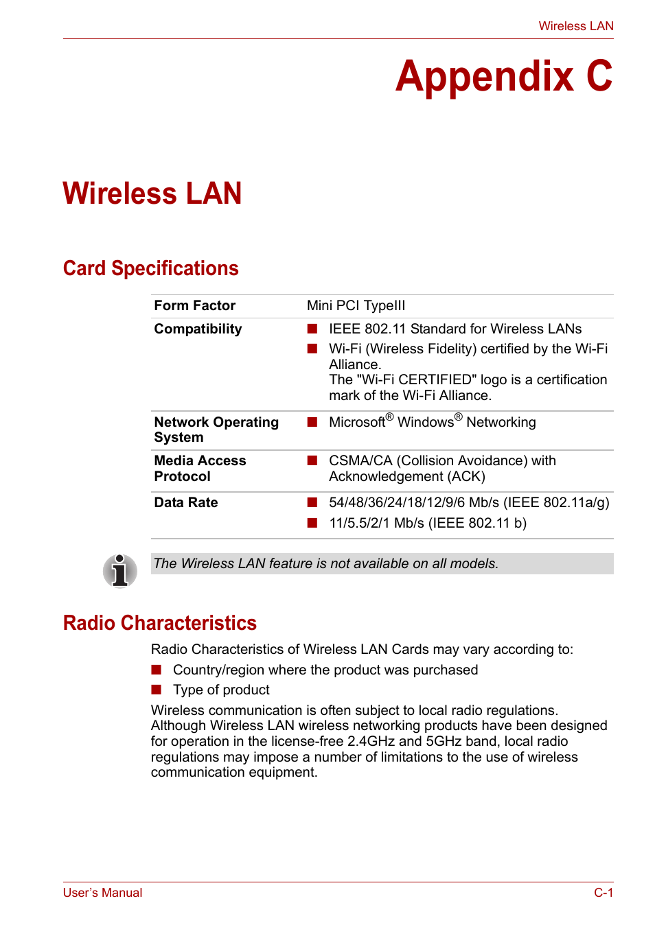 Appendix c: wireless lan, Appendix c, Wireless lan | Card specifications radio characteristics | Toshiba Satellite Pro U400 User Manual | Page 150 / 175