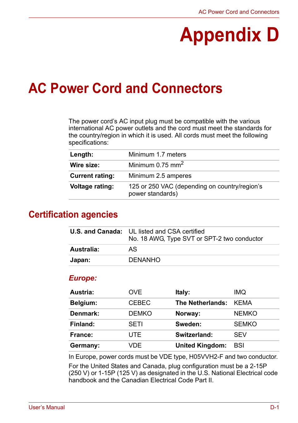 Appendix d: ac power cord and connectors, Appendix d, Ac power cord and connectors | Certification agencies | Toshiba Satellite Pro U400 User Manual | Page 153 / 175