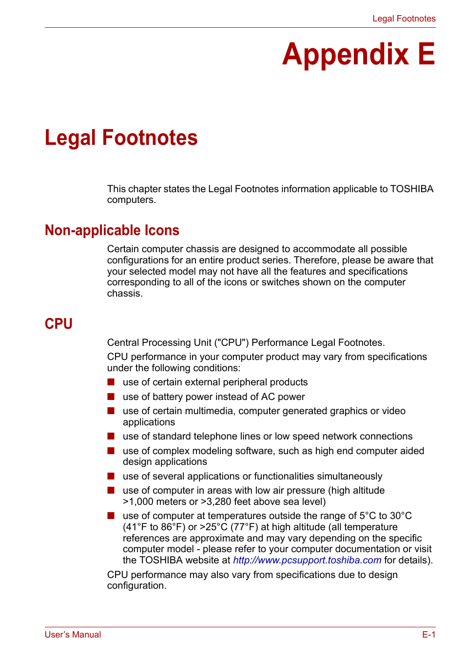 Appendix e: legal footnotes, Appendix e, Legal footnotes | Non-applicable icons | Toshiba Satellite Pro U400 User Manual | Page 155 / 175