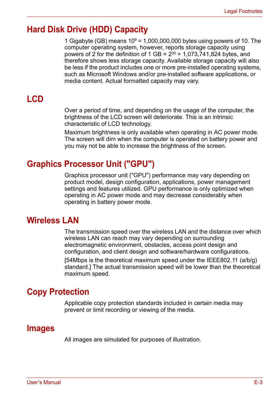 Hard disk drive (hdd) capacity, Graphics processor unit ("gpu"), Wireless lan | Copy protection, Images | Toshiba Satellite Pro U400 User Manual | Page 157 / 175