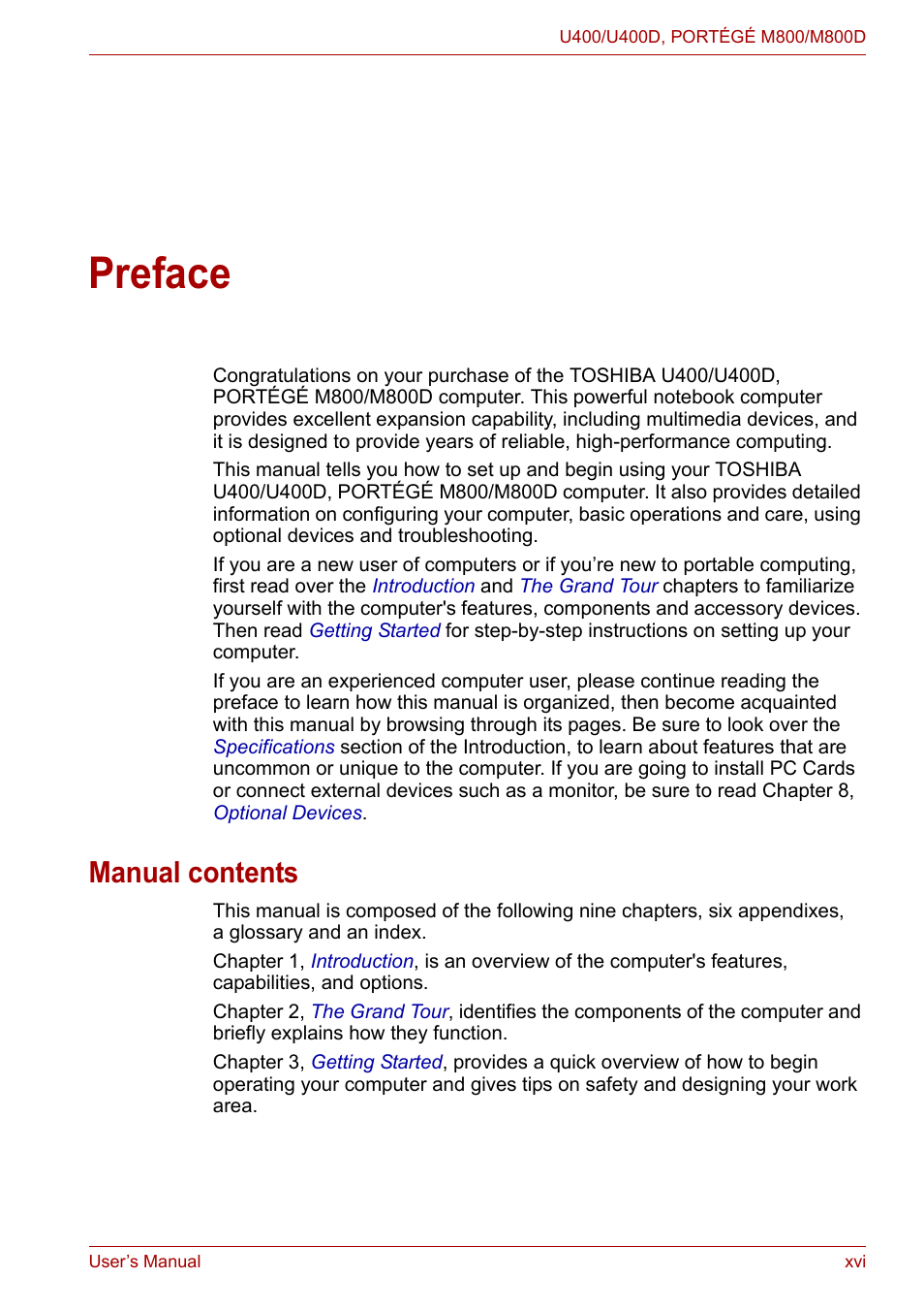 Preface, Manual contents | Toshiba Satellite Pro U400 User Manual | Page 16 / 175