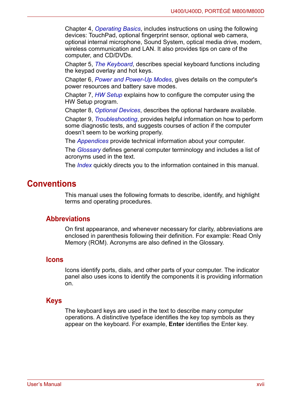 Conventions, Abbreviations, Icons | Keys | Toshiba Satellite Pro U400 User Manual | Page 17 / 175