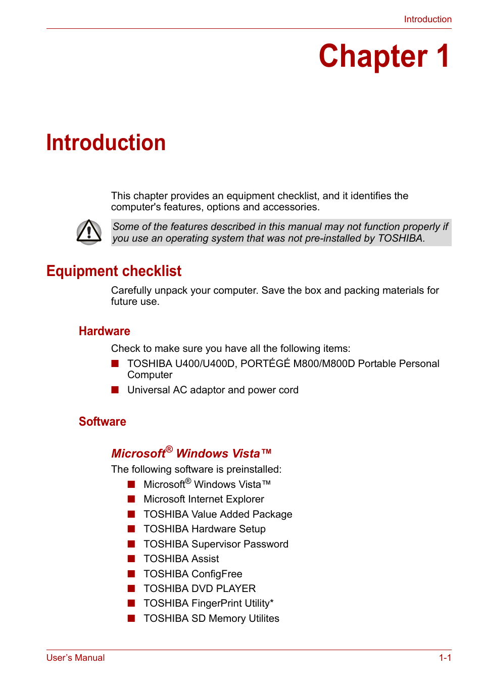 Chapter 1: introduction, Equipment checklist, Chapter 1 | Introduction, Equipment checklist -1 | Toshiba Satellite Pro U400 User Manual | Page 19 / 175