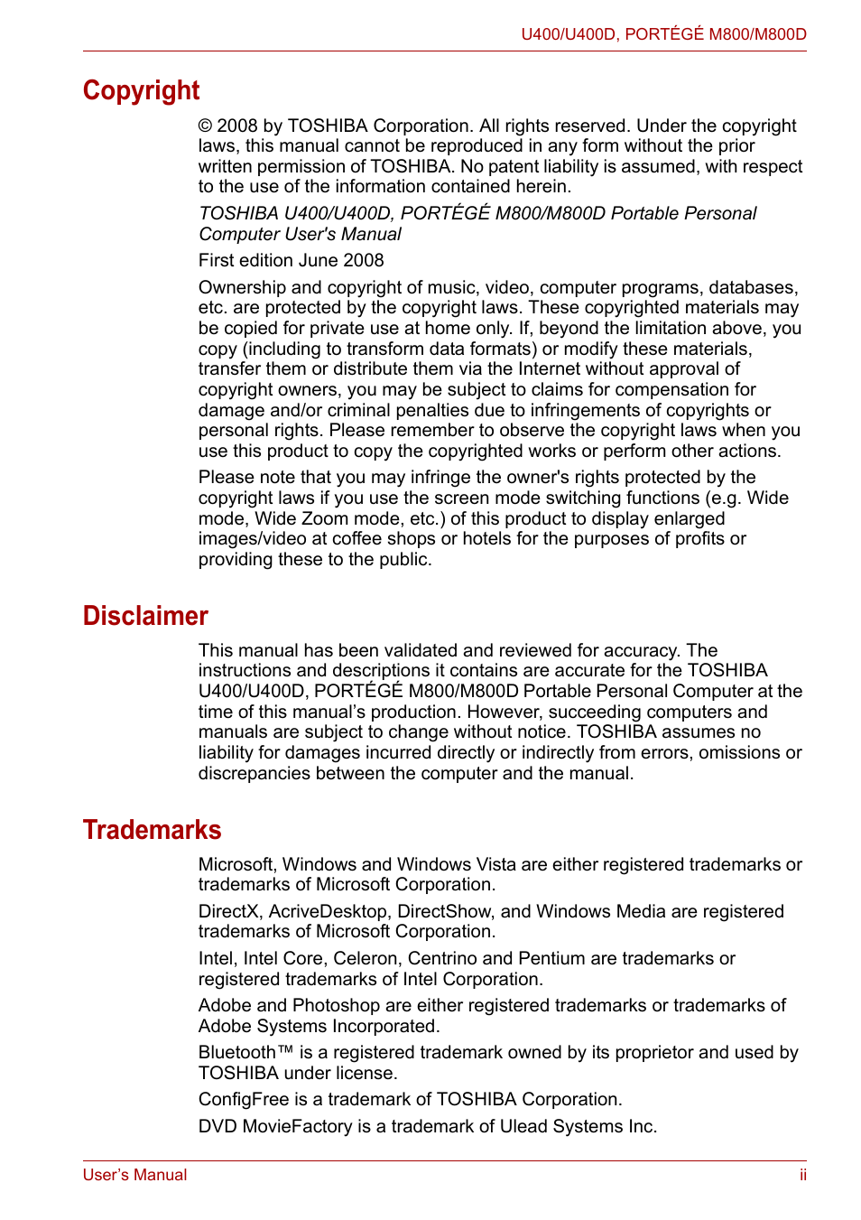 Copyright, Disclaimer, Trademarks | Toshiba Satellite Pro U400 User Manual | Page 2 / 175