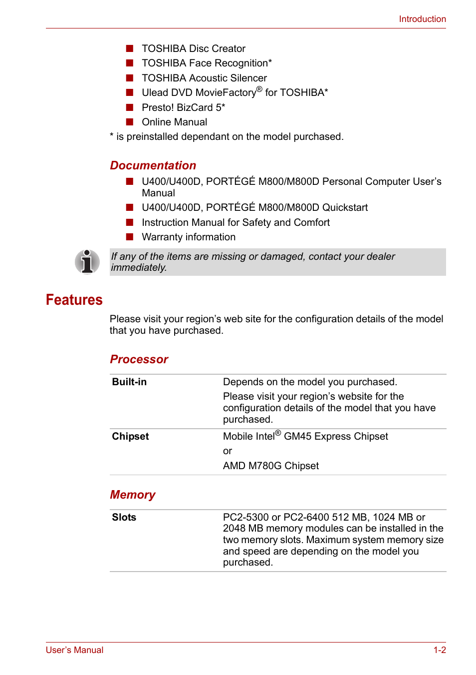 Features, Features -2 | Toshiba Satellite Pro U400 User Manual | Page 20 / 175