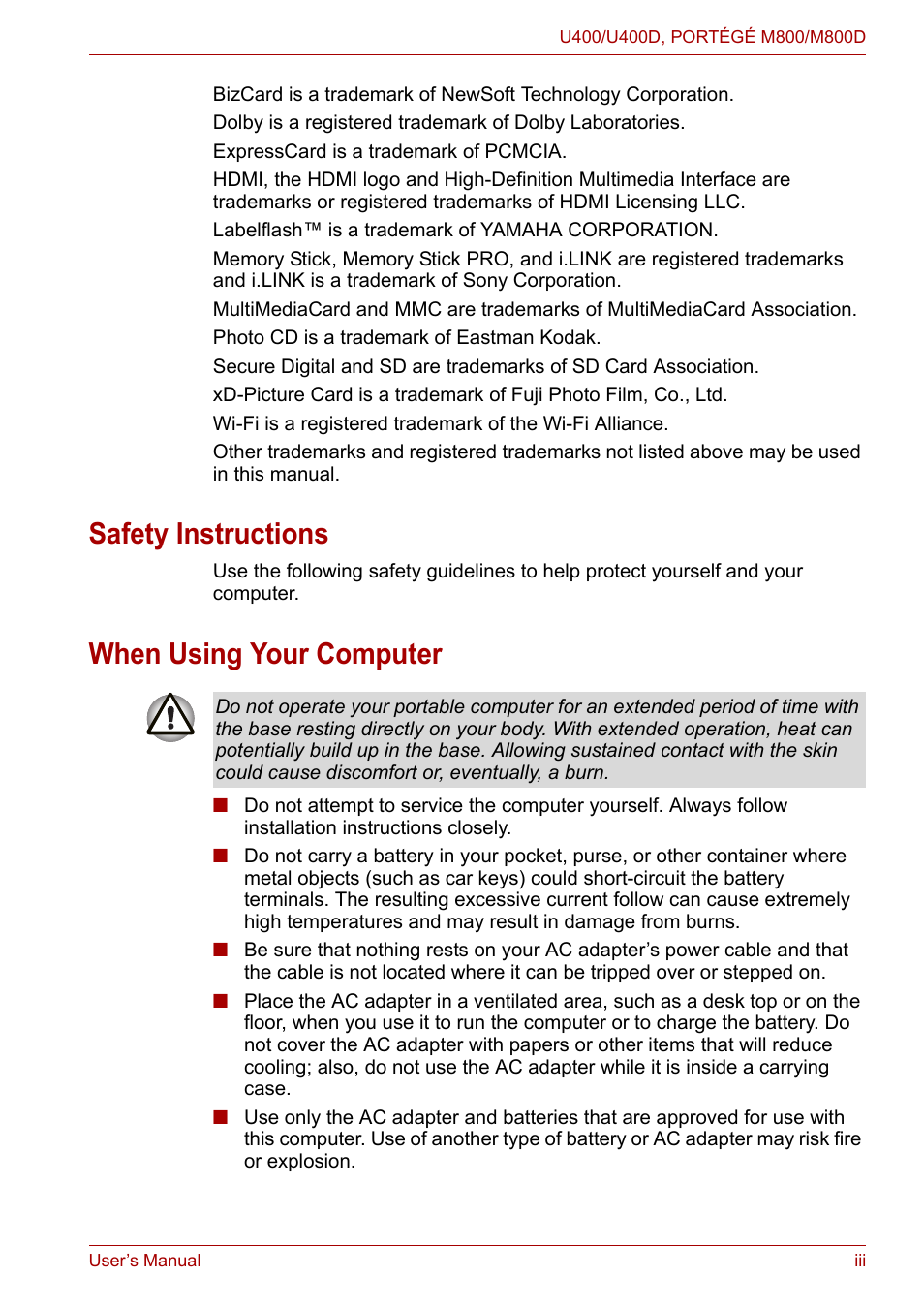 Safety instructions, When using your computer | Toshiba Satellite Pro U400 User Manual | Page 3 / 175