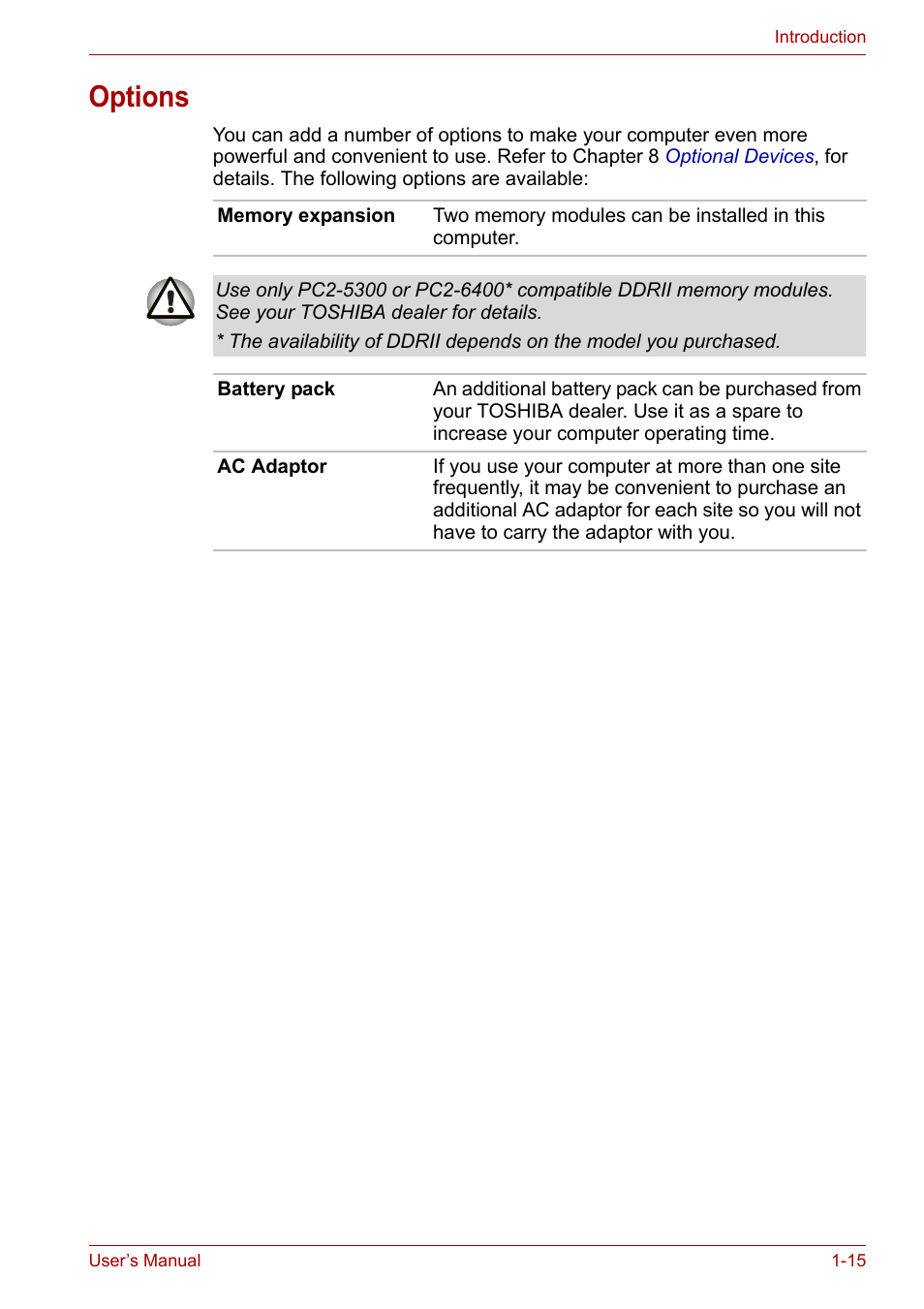 Options, Options -15 | Toshiba Satellite Pro U400 User Manual | Page 33 / 175