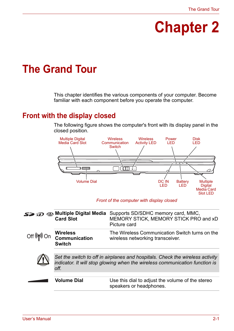 Chapter 2: the grand tour, Front with the display closed, Chapter 2 | The grand tour, Front with the display closed -1 | Toshiba Satellite Pro U400 User Manual | Page 34 / 175