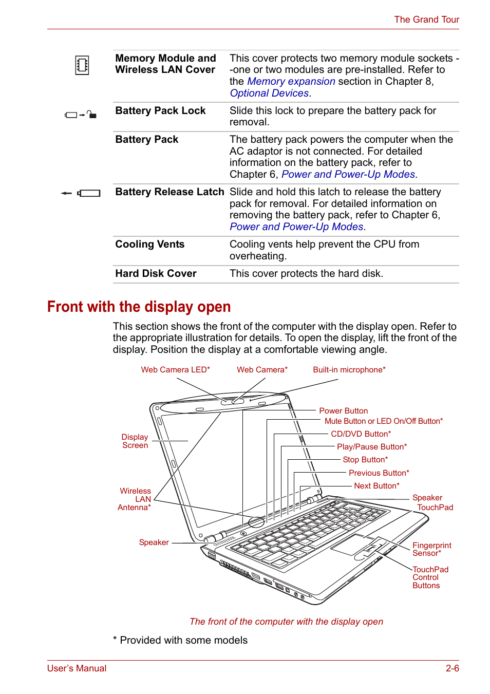 Front with the display open, Front with the display open -6 | Toshiba Satellite Pro U400 User Manual | Page 39 / 175