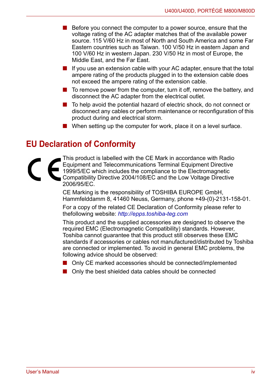 Eu declaration of conformity | Toshiba Satellite Pro U400 User Manual | Page 4 / 175