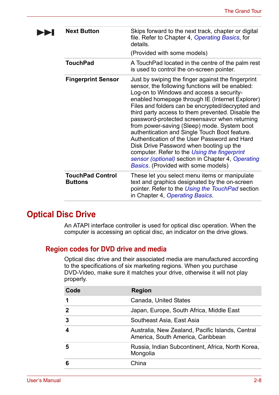 Optical disc drive, Optical disc drive -8, Region codes for dvd drive and media | Toshiba Satellite Pro U400 User Manual | Page 41 / 175