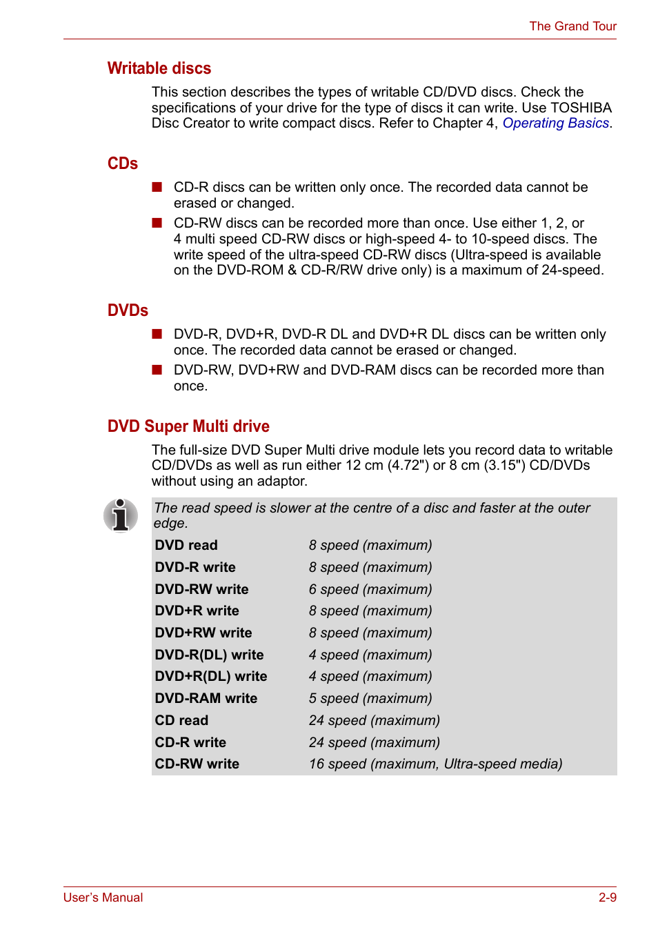 Writable discs, Dvds, Dvd super multi drive | Toshiba Satellite Pro U400 User Manual | Page 42 / 175