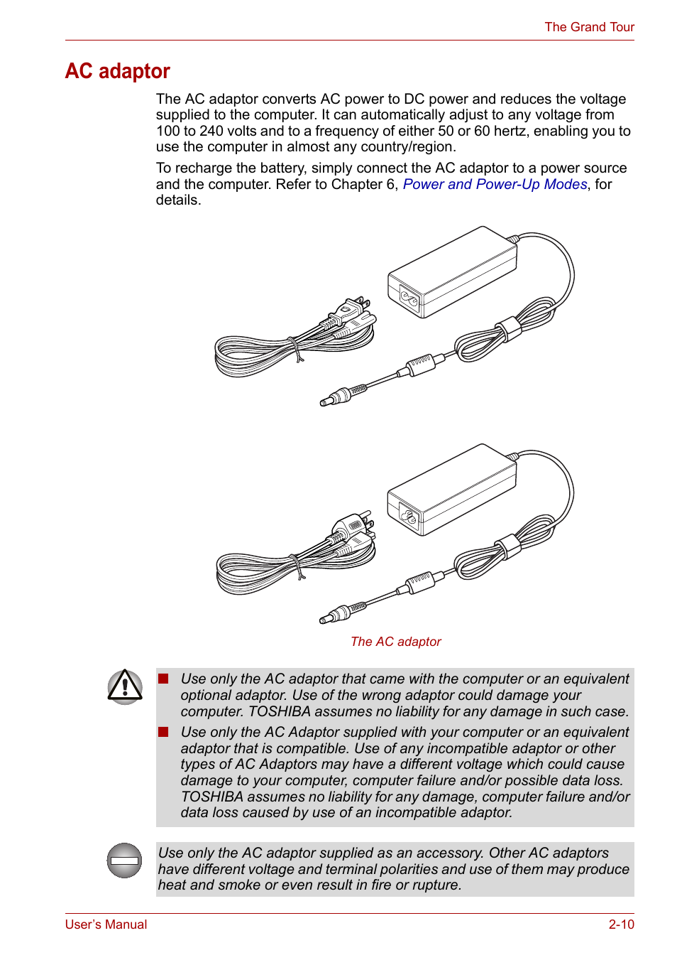 Ac adaptor, Ac adaptor -10 | Toshiba Satellite Pro U400 User Manual | Page 43 / 175