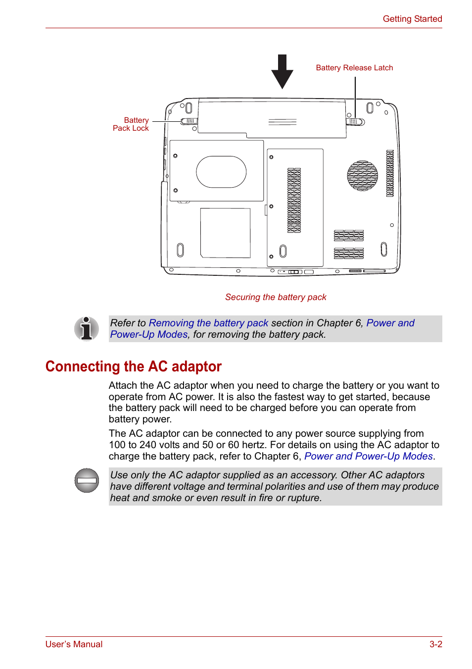 Connecting the ac adaptor, Connecting the ac adaptor -2 | Toshiba Satellite Pro U400 User Manual | Page 45 / 175