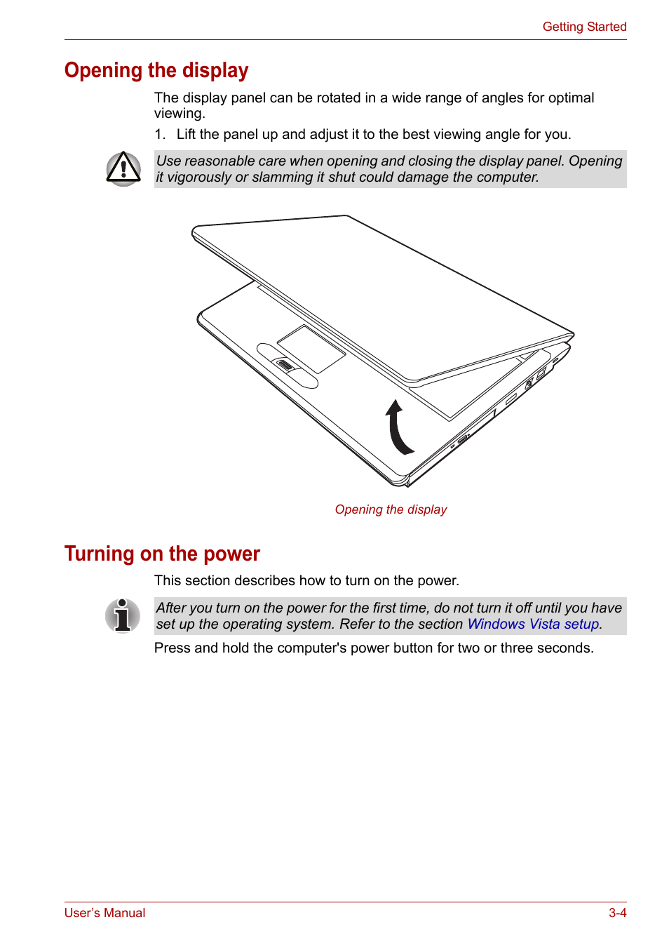 Opening the display, Turning on the power, Opening the display -4 turning on the power -4 | Toshiba Satellite Pro U400 User Manual | Page 47 / 175