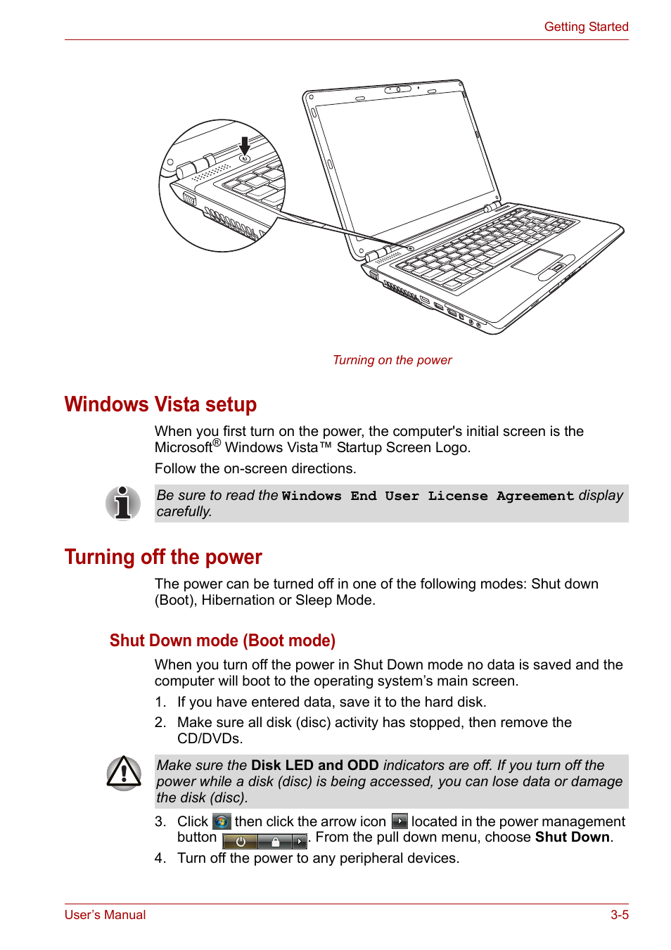 Windows vista setup, Turning off the power, Windows vista setup -5 turning off the power -5 | Shut down mode (boot mode) | Toshiba Satellite Pro U400 User Manual | Page 48 / 175