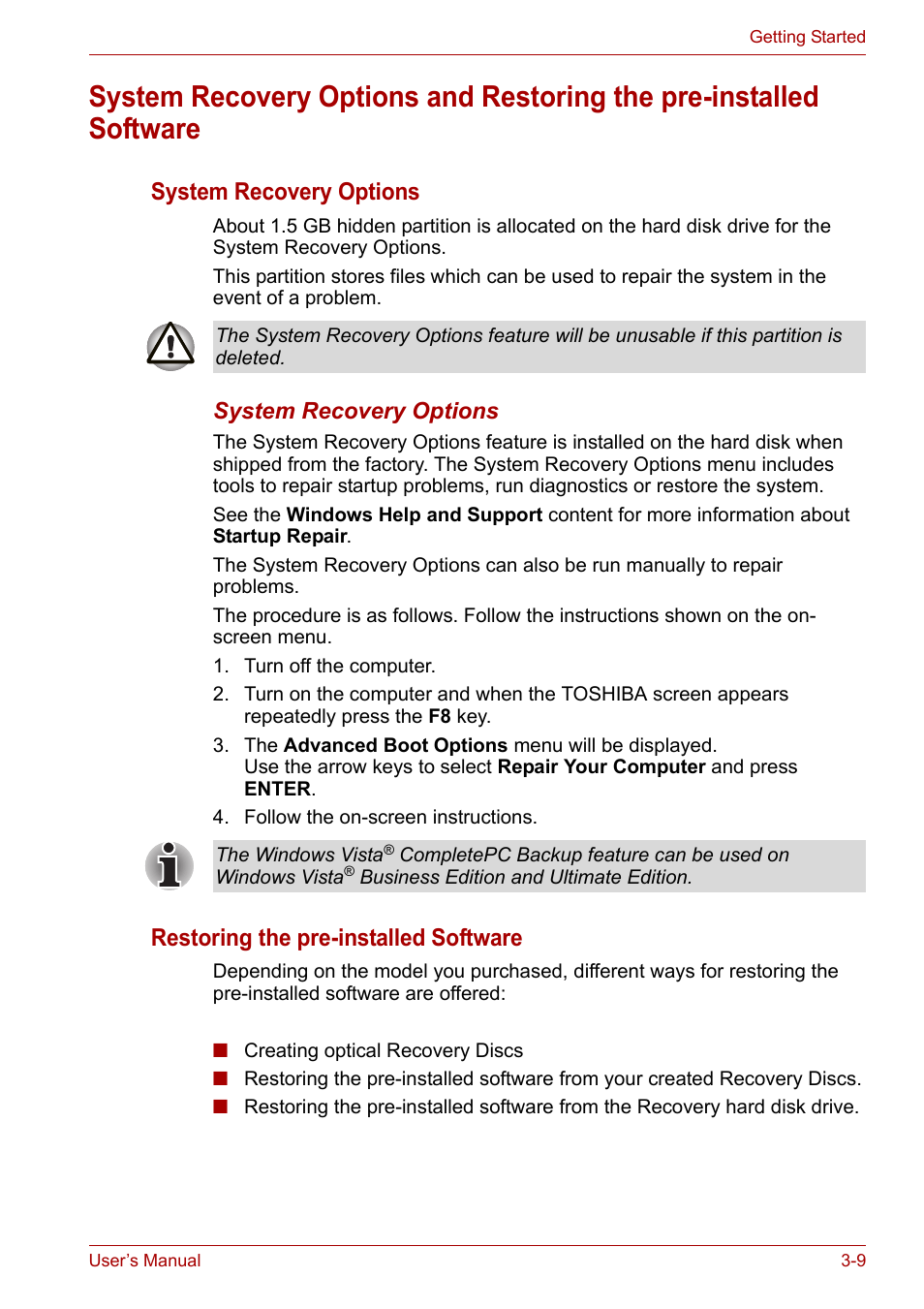 System recovery options, Restoring the pre-installed software | Toshiba Satellite Pro U400 User Manual | Page 52 / 175