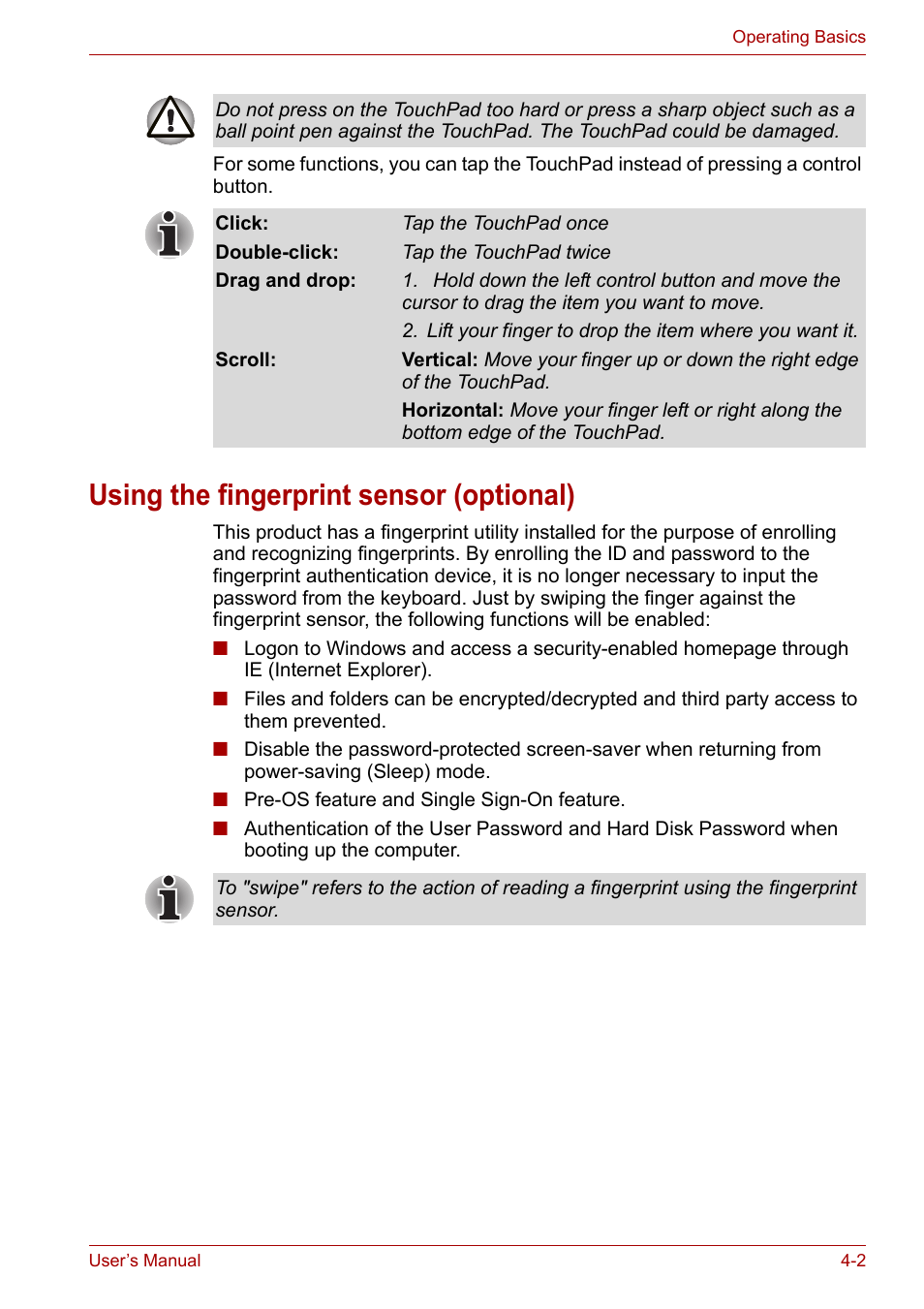 Using the fingerprint sensor (optional), Using the fingerprint sensor (optional) -2, To the | Using the fingerprint, Sensor (optional) | Toshiba Satellite Pro U400 User Manual | Page 57 / 175