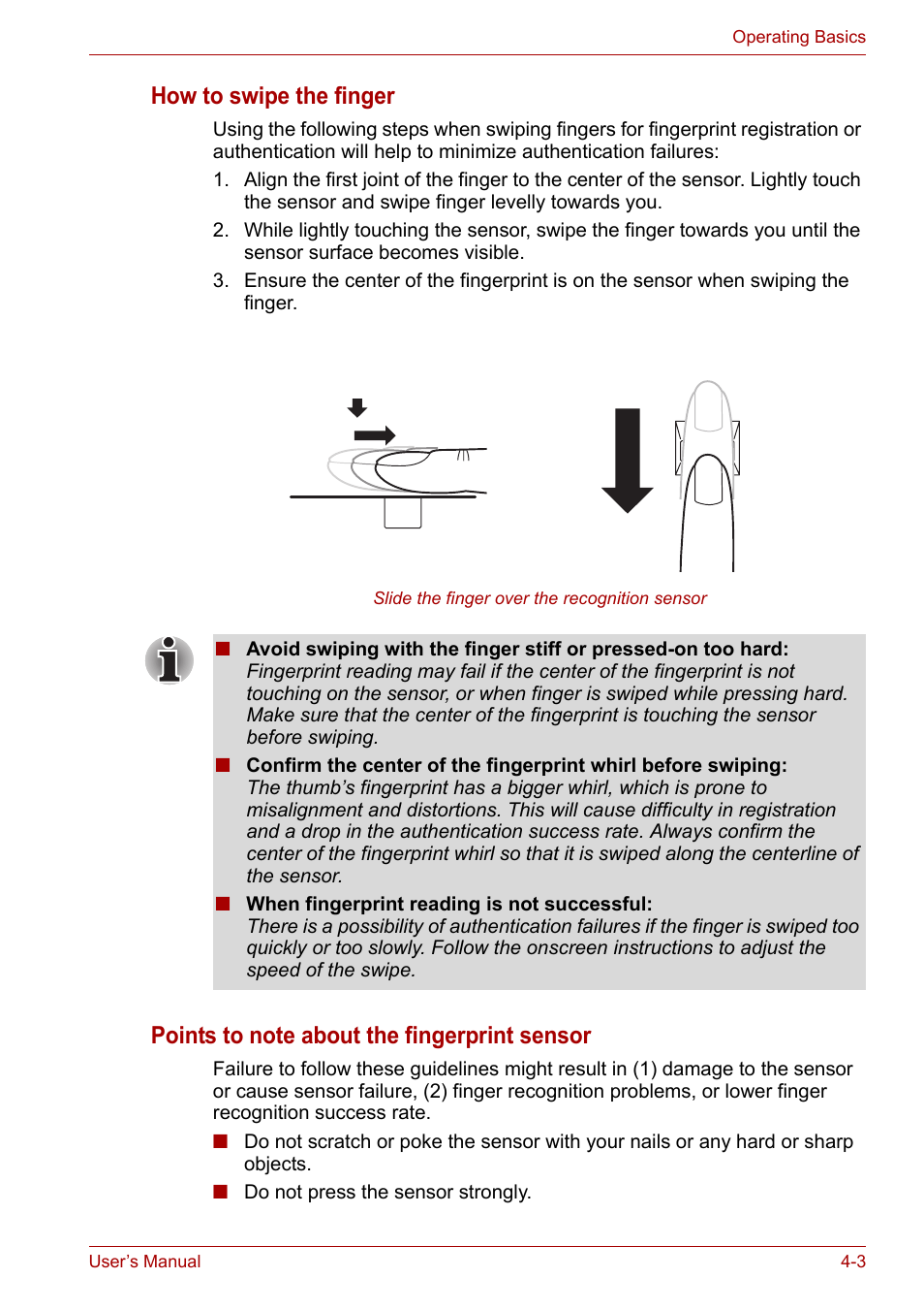 How to swipe the finger | Toshiba Satellite Pro U400 User Manual | Page 58 / 175