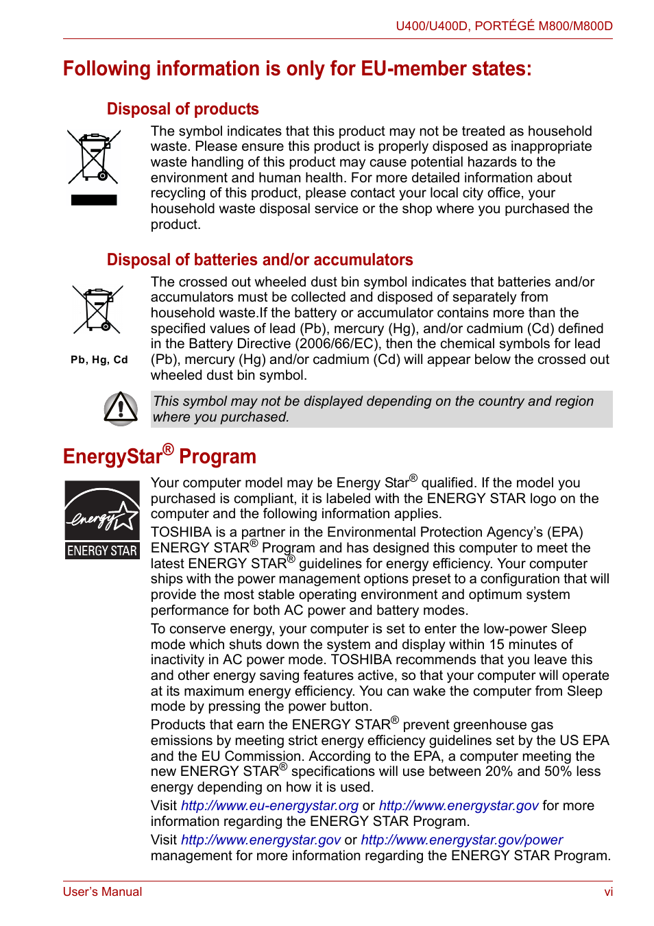 Following information is only for eu-member states, Energystar, Program | Disposal of products, Disposal of batteries and/or accumulators | Toshiba Satellite Pro U400 User Manual | Page 6 / 175