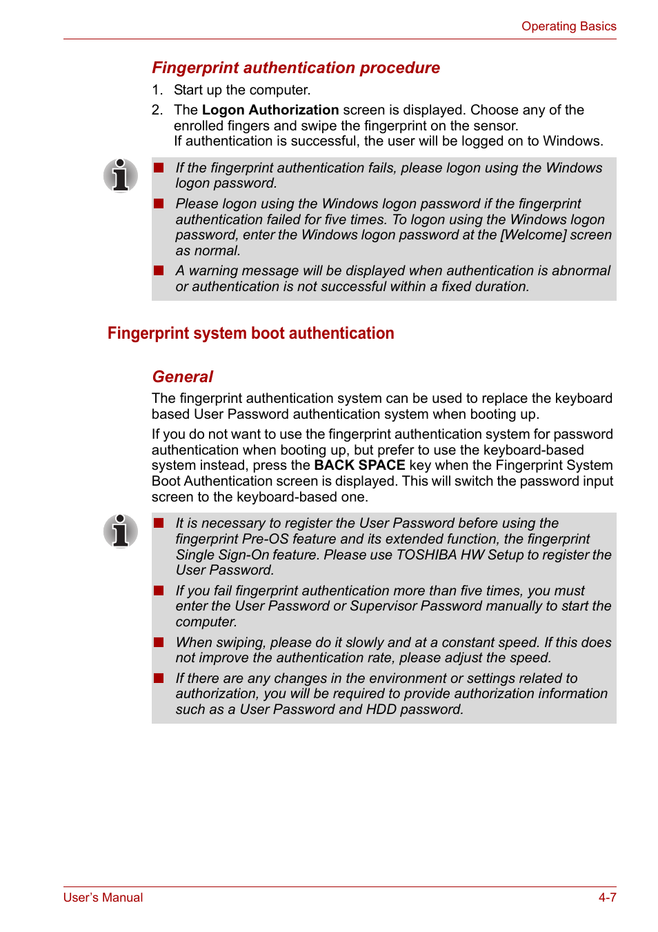 Fingerprint system boot authentication | Toshiba Satellite Pro U400 User Manual | Page 62 / 175