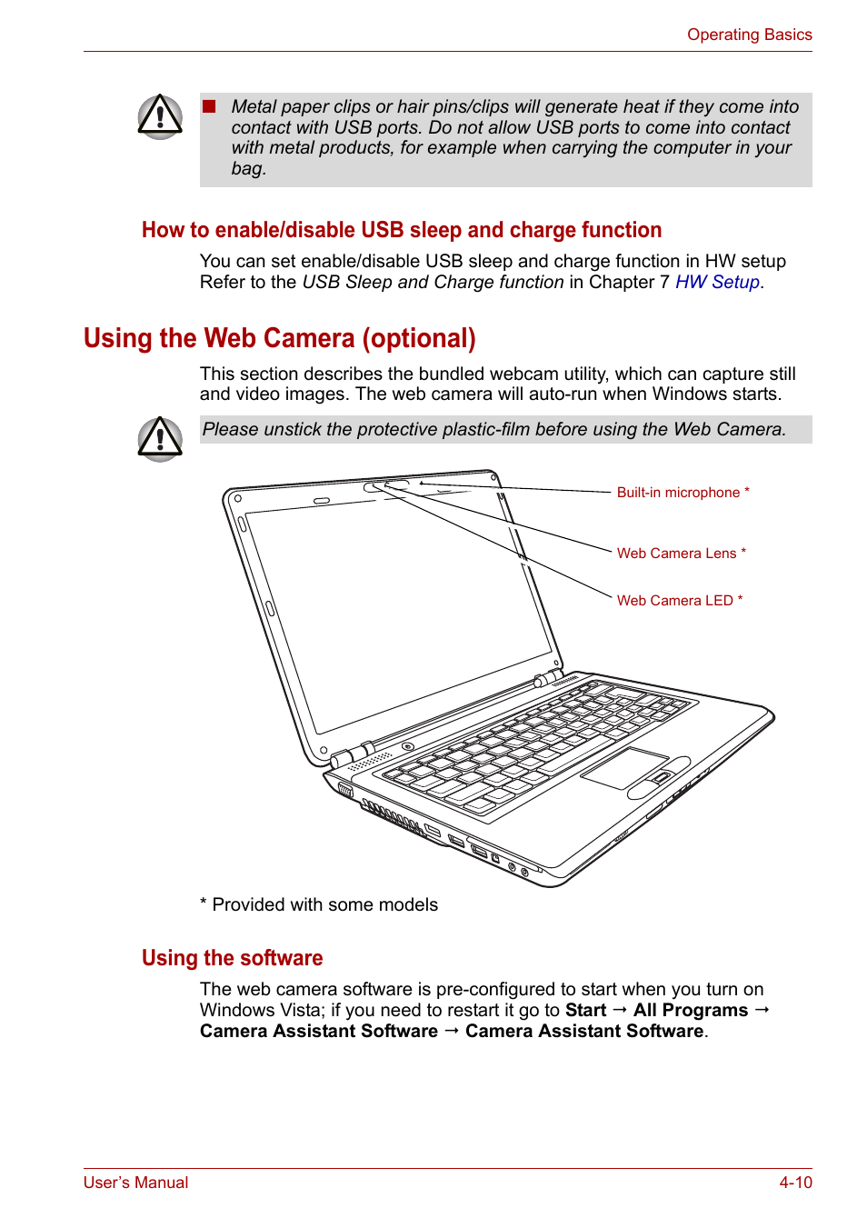 Using the web camera (optional), Using the web camera (optional) -10, Using the software | Toshiba Satellite Pro U400 User Manual | Page 65 / 175