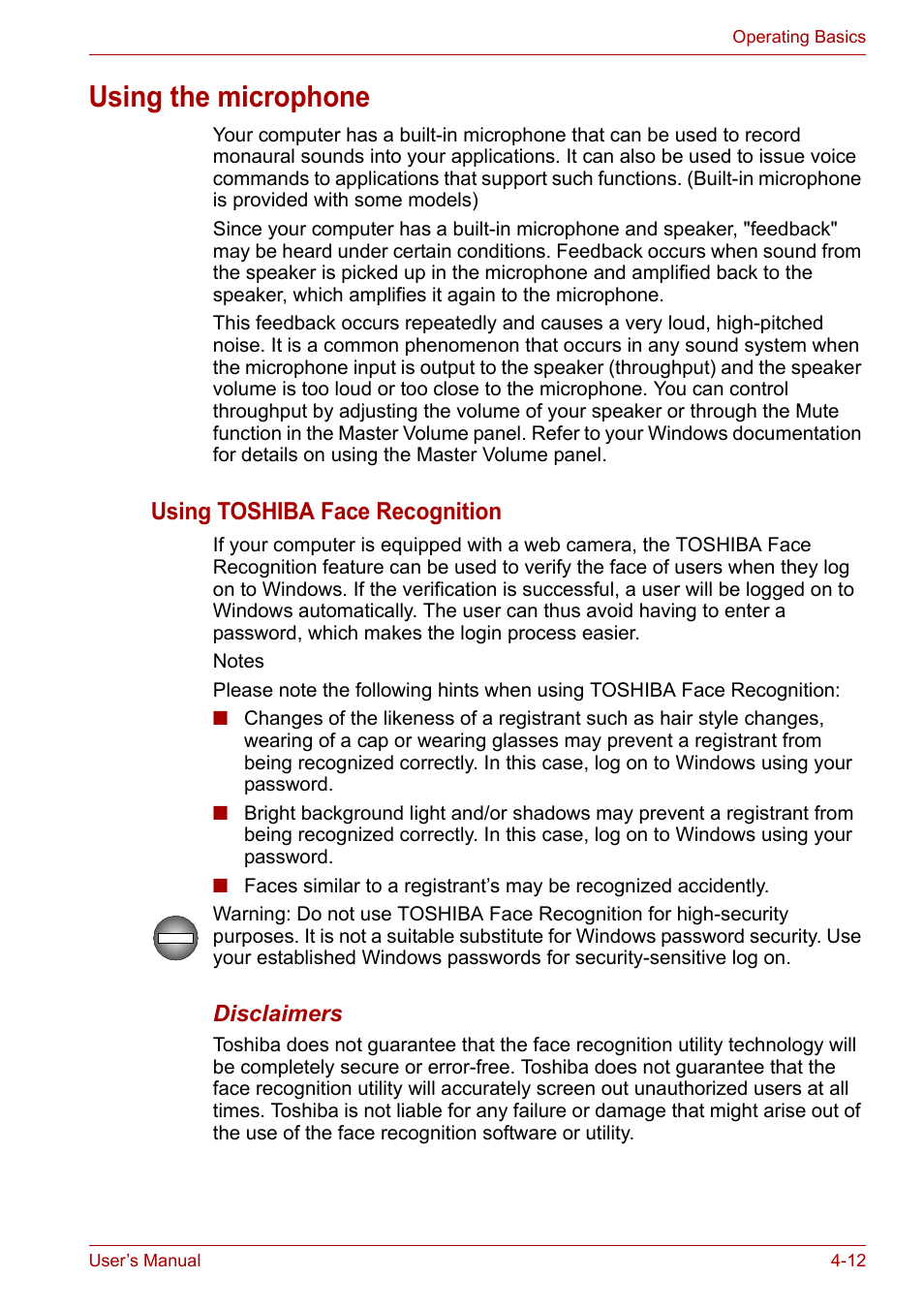 Using the microphone, Using the microphone -12, Using toshiba face recognition | Toshiba Satellite Pro U400 User Manual | Page 67 / 175