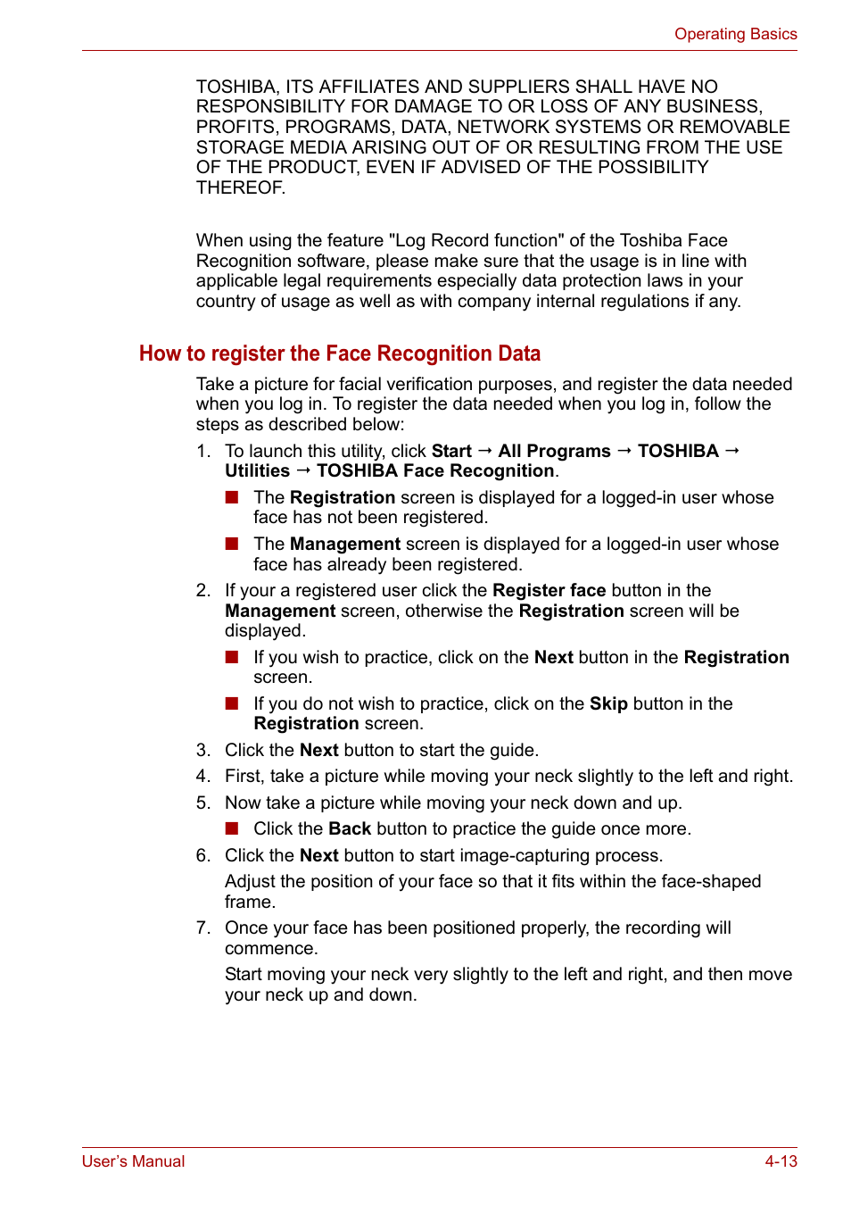 How to register the face recognition data | Toshiba Satellite Pro U400 User Manual | Page 68 / 175