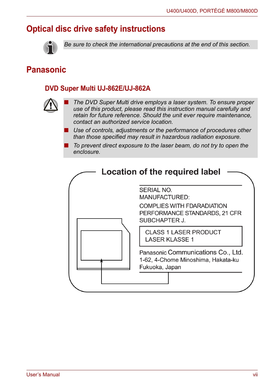 Optical disc drive safety instructions panasonic | Toshiba Satellite Pro U400 User Manual | Page 7 / 175