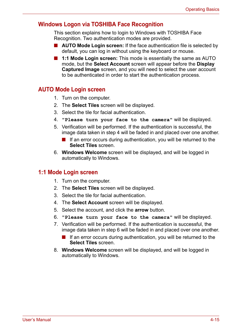 Windows logon via toshiba face recognition, Auto mode login screen, 1 mode login screen | Toshiba Satellite Pro U400 User Manual | Page 70 / 175