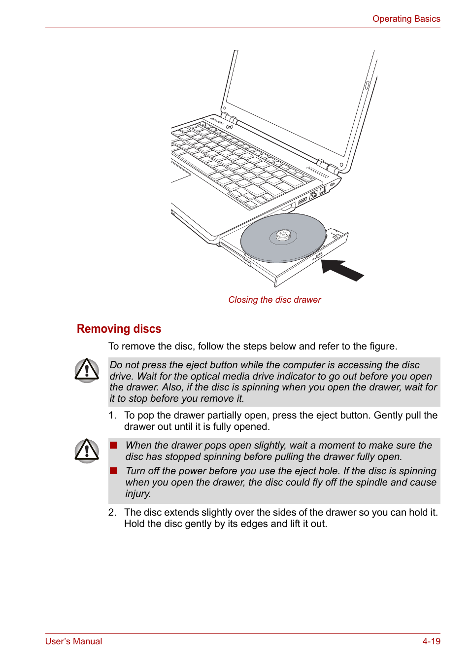 Removing discs | Toshiba Satellite Pro U400 User Manual | Page 74 / 175