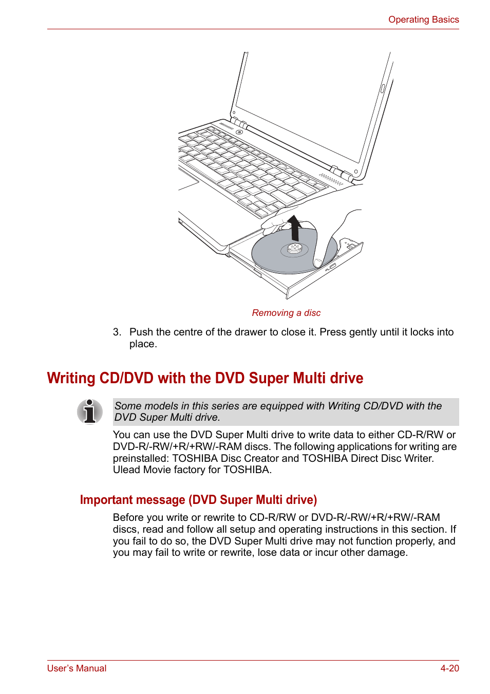 Writing cd/dvd with the dvd super multi drive, Writing cd/dvd with the dvd super multi drive -20, Important message (dvd super multi drive) | Toshiba Satellite Pro U400 User Manual | Page 75 / 175