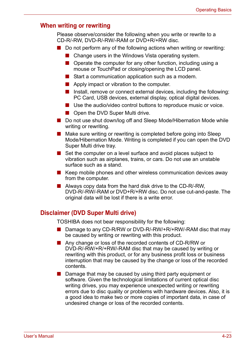 When writing or rewriting, Disclaimer (dvd super multi drive) | Toshiba Satellite Pro U400 User Manual | Page 78 / 175