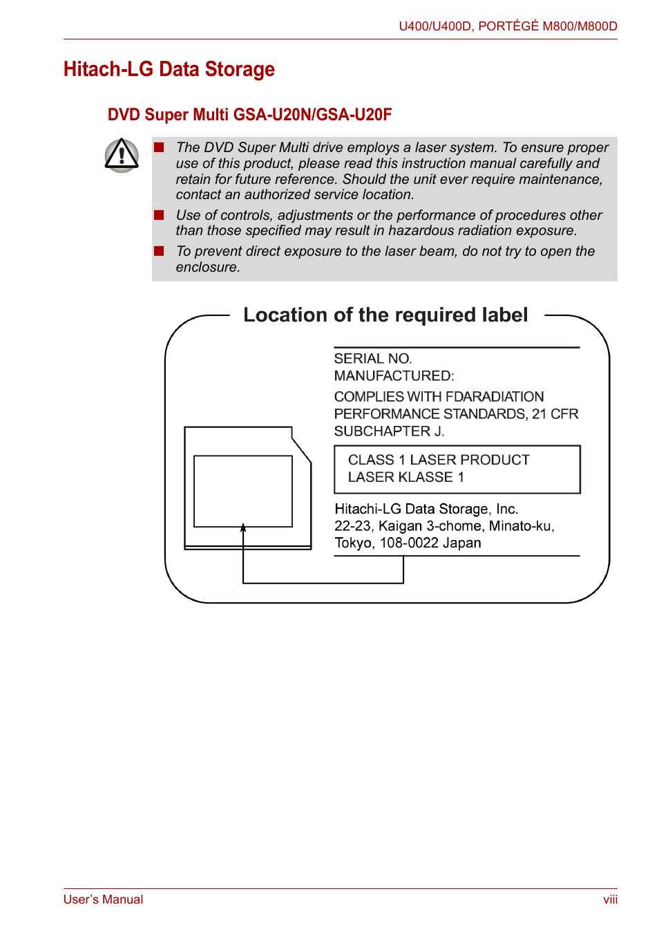 Hitach-lg data storage, Dvd super multi gsa-u20n/gsa-u20f | Toshiba Satellite Pro U400 User Manual | Page 8 / 175