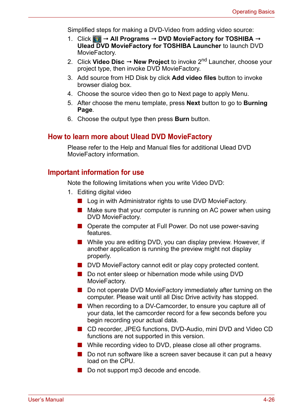 How to learn more about ulead dvd moviefactory, Important information for use | Toshiba Satellite Pro U400 User Manual | Page 81 / 175