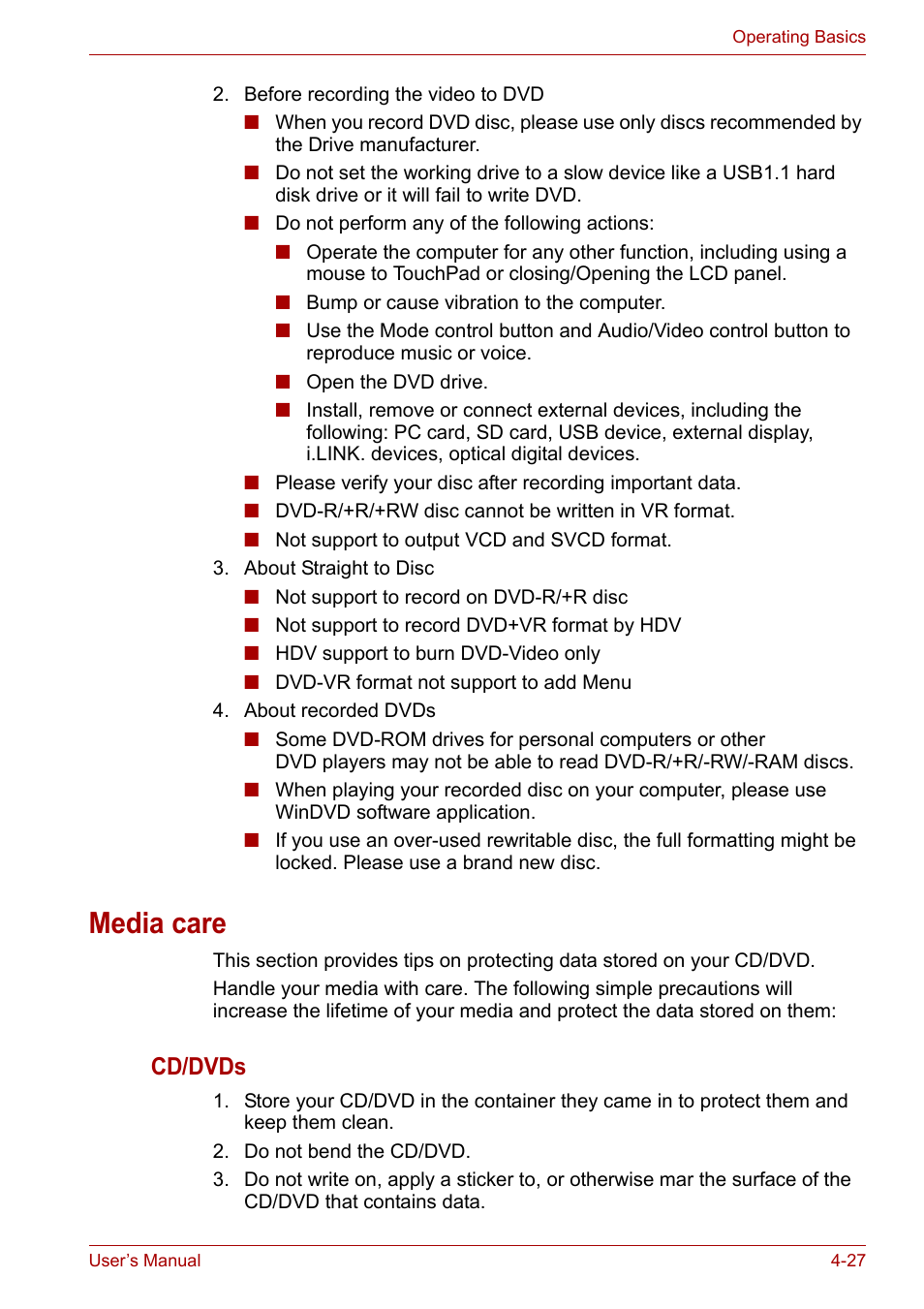 Media care, Media care -27, Cd/dvds | Toshiba Satellite Pro U400 User Manual | Page 82 / 175