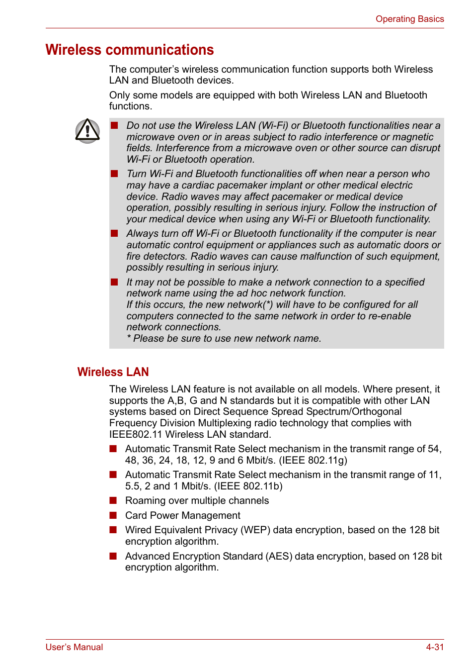 Wireless communications, Wireless communications -31, Wireless lan | Toshiba Satellite Pro U400 User Manual | Page 86 / 175