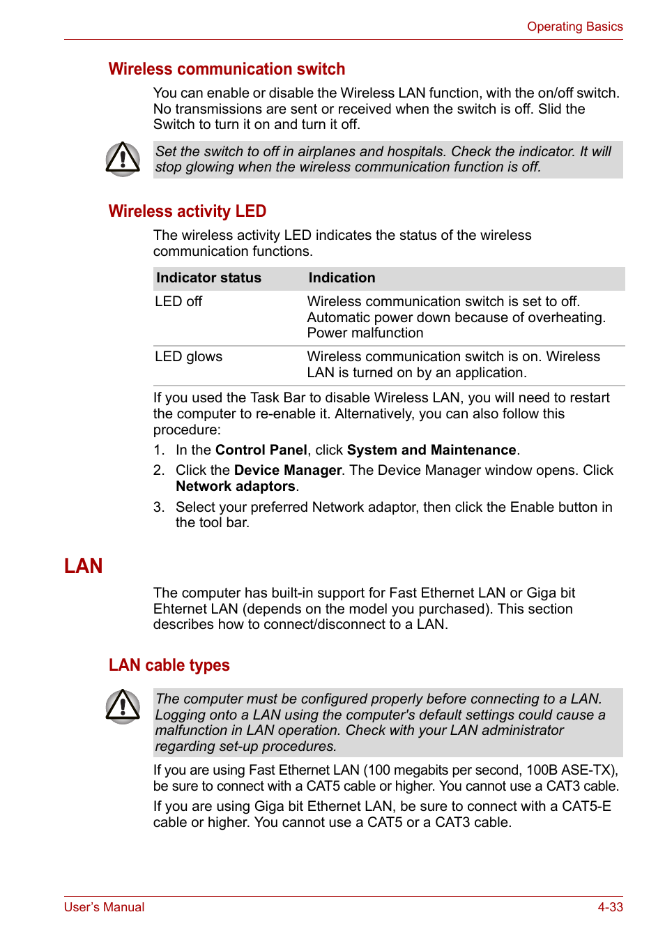 Lan -33, Wireless communication switch, Wireless activity led | Lan cable types | Toshiba Satellite Pro U400 User Manual | Page 88 / 175