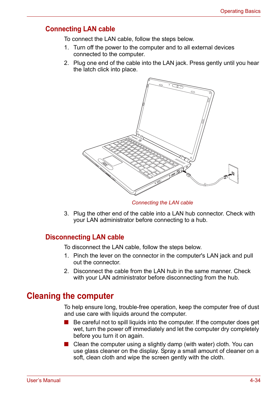 Cleaning the computer, Cleaning the computer -34, Connecting lan cable | Disconnecting lan cable | Toshiba Satellite Pro U400 User Manual | Page 89 / 175