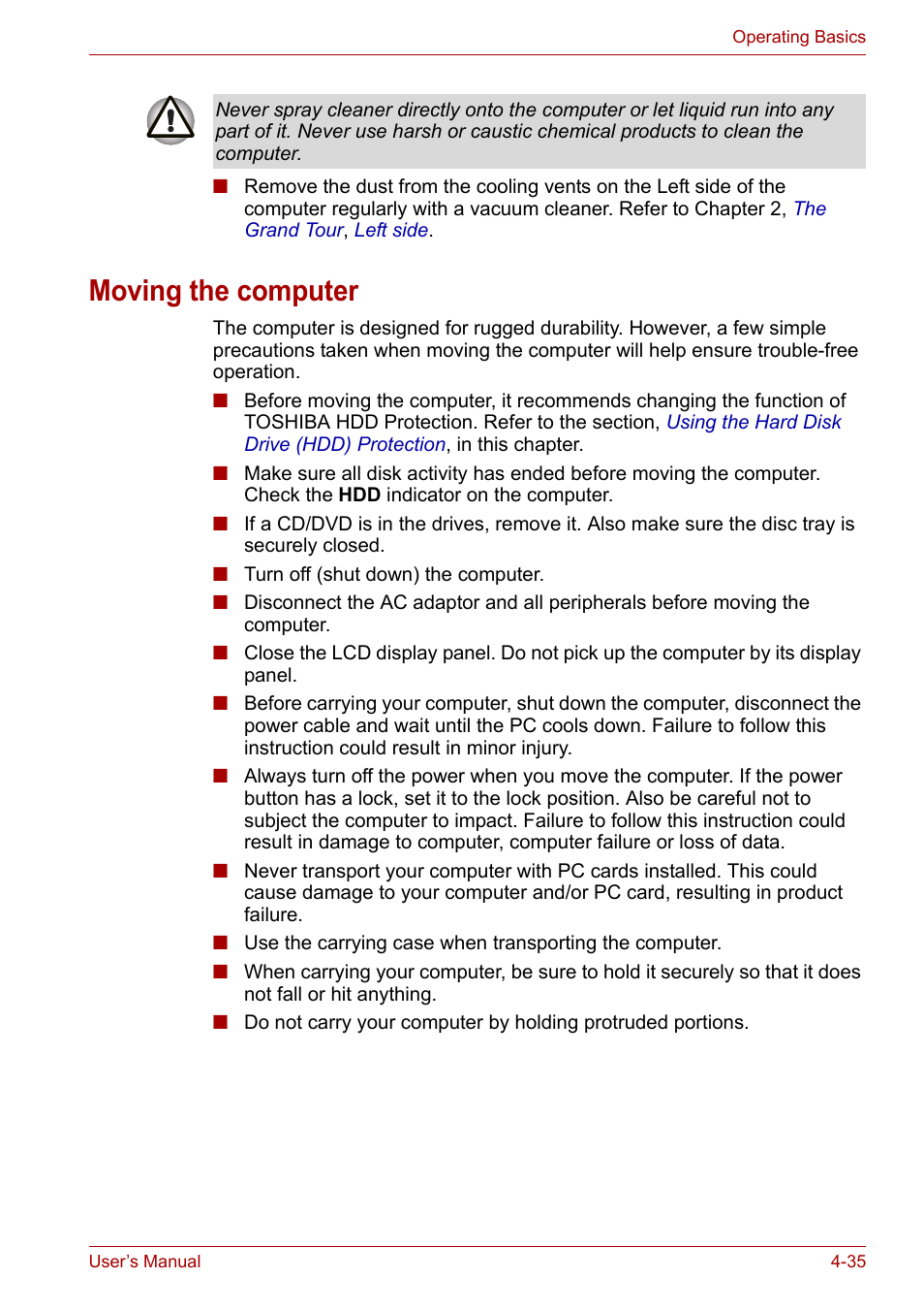 Moving the computer, Moving the computer -35 | Toshiba Satellite Pro U400 User Manual | Page 90 / 175