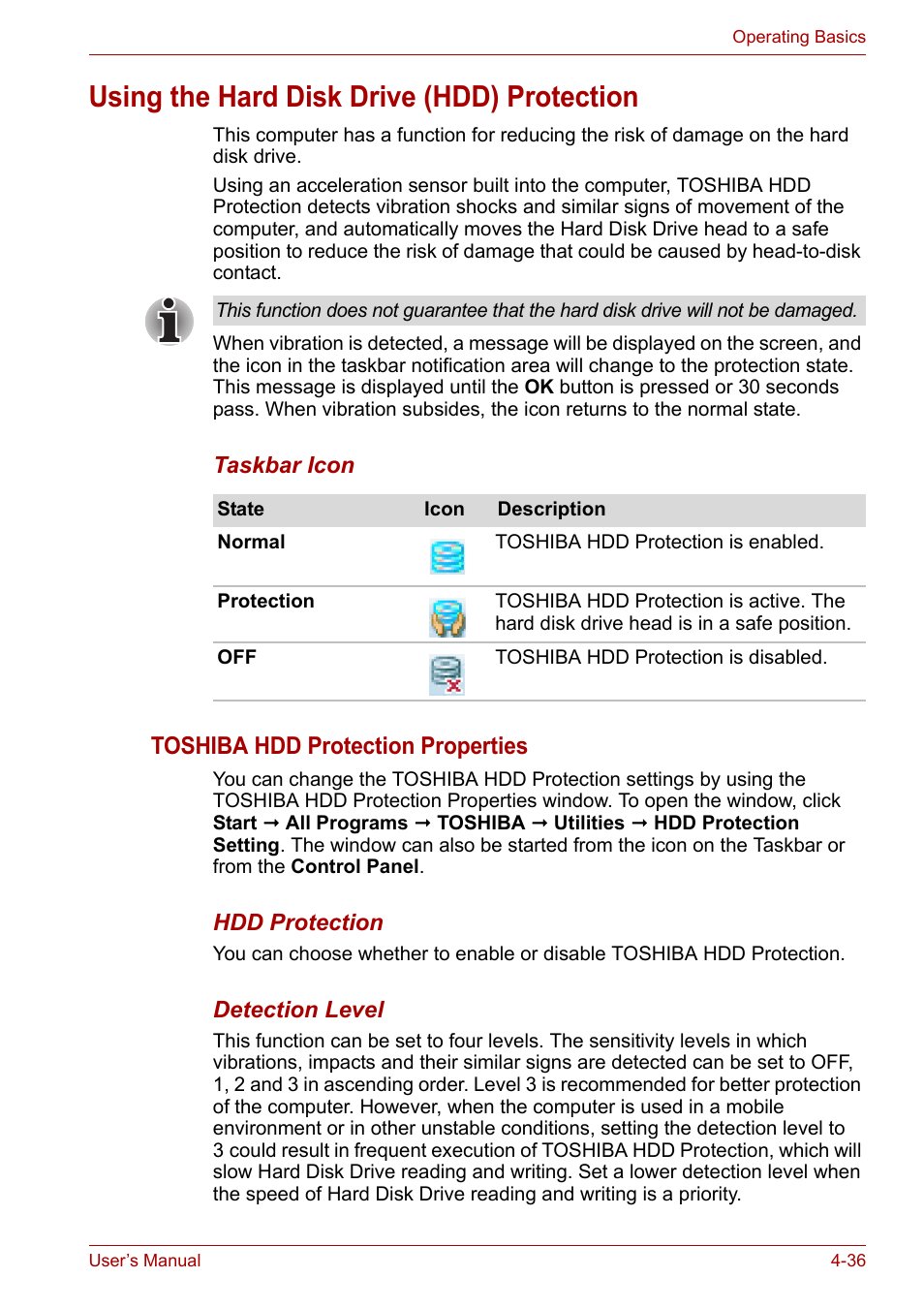 Using the hard disk drive (hdd) protection, Using the hard disk drive (hdd) protection -36, Using the | Hard disk drive (hdd) protection, Using the hard disk, Drive (hdd) protection, Toshiba hdd protection properties | Toshiba Satellite Pro U400 User Manual | Page 91 / 175