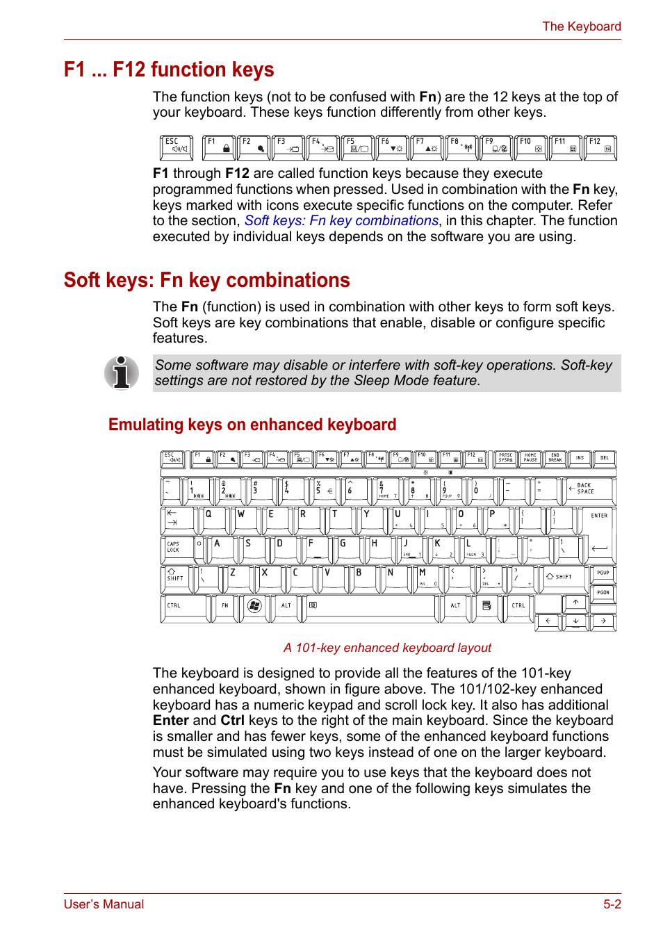 F1 ... f12 function keys, Soft keys: fn key combinations | Toshiba Satellite Pro U400 User Manual | Page 94 / 175