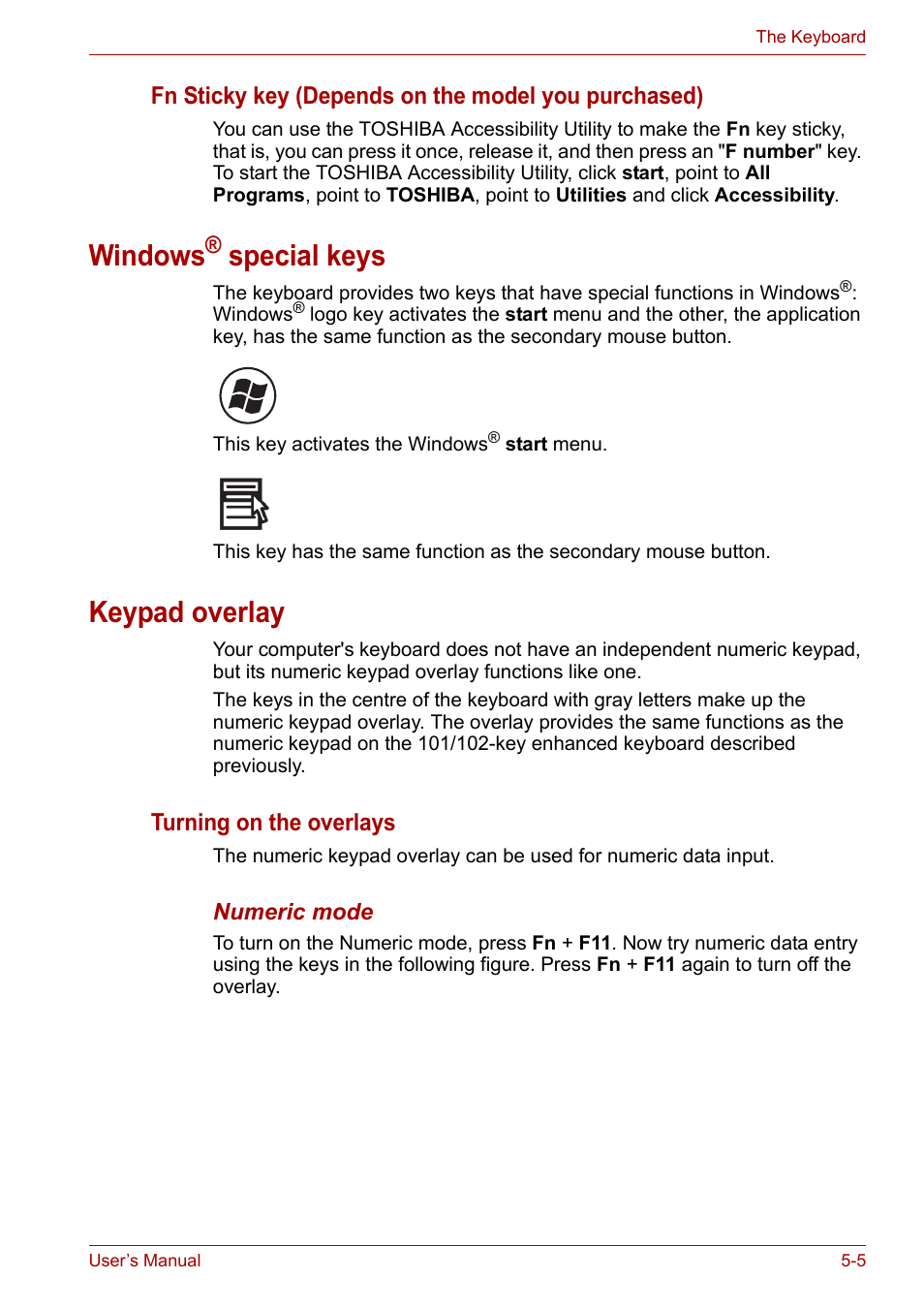 Windows® special keys, Keypad overlay, Windows® special keys -5 keypad overlay -5 | Windows, Special keys | Toshiba Satellite Pro U400 User Manual | Page 97 / 175