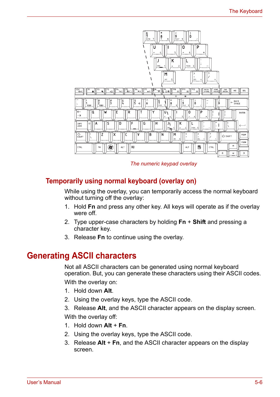 Generating ascii characters, Generating ascii characters -6, Temporarily using normal keyboard (overlay on) | Toshiba Satellite Pro U400 User Manual | Page 98 / 175