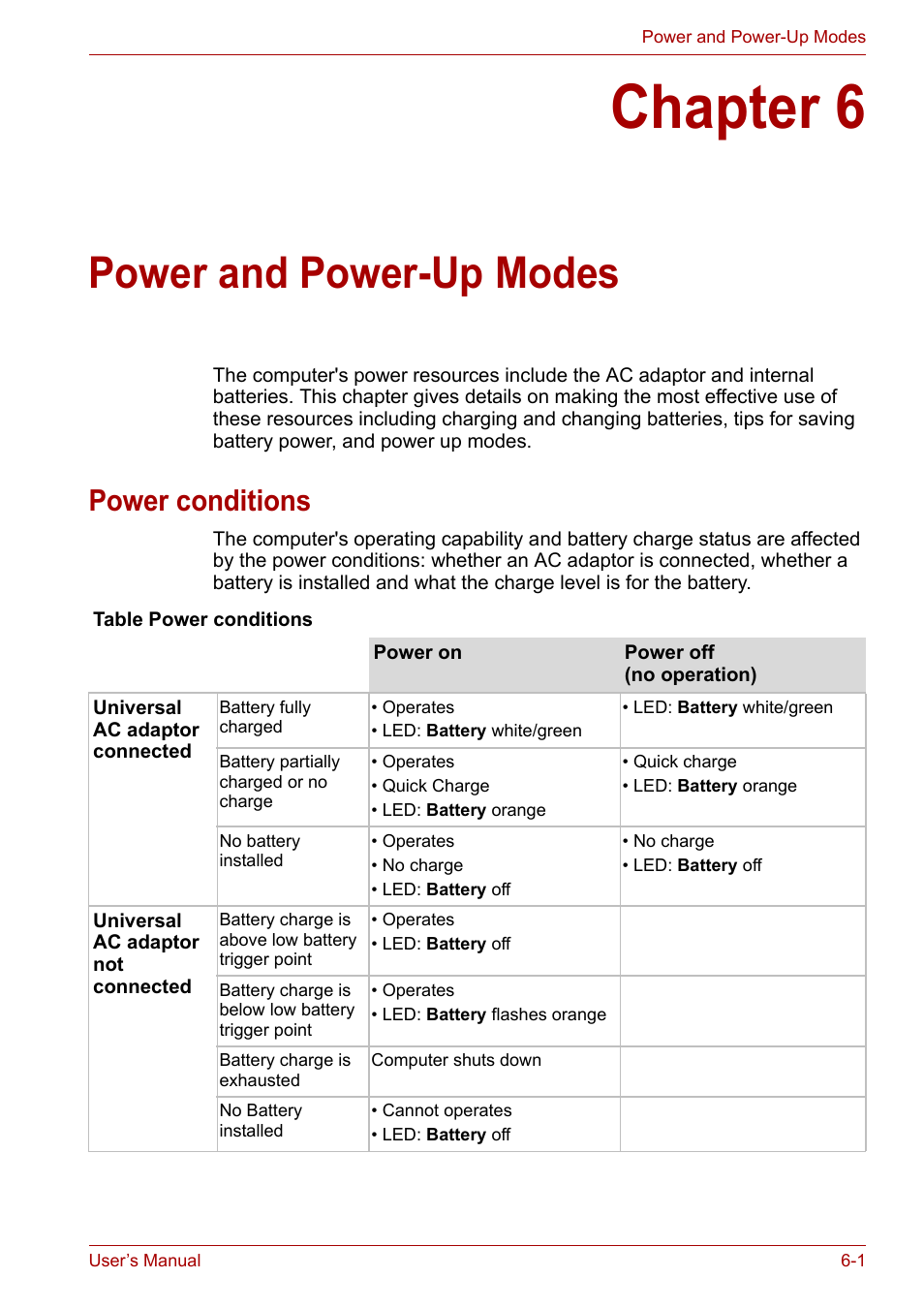 Chapter 6: power and power-up modes, Power conditions, Chapter 6 | Power and power-up modes, Power conditions -1, Power and, Power-up modes | Toshiba Satellite Pro U400 User Manual | Page 99 / 175