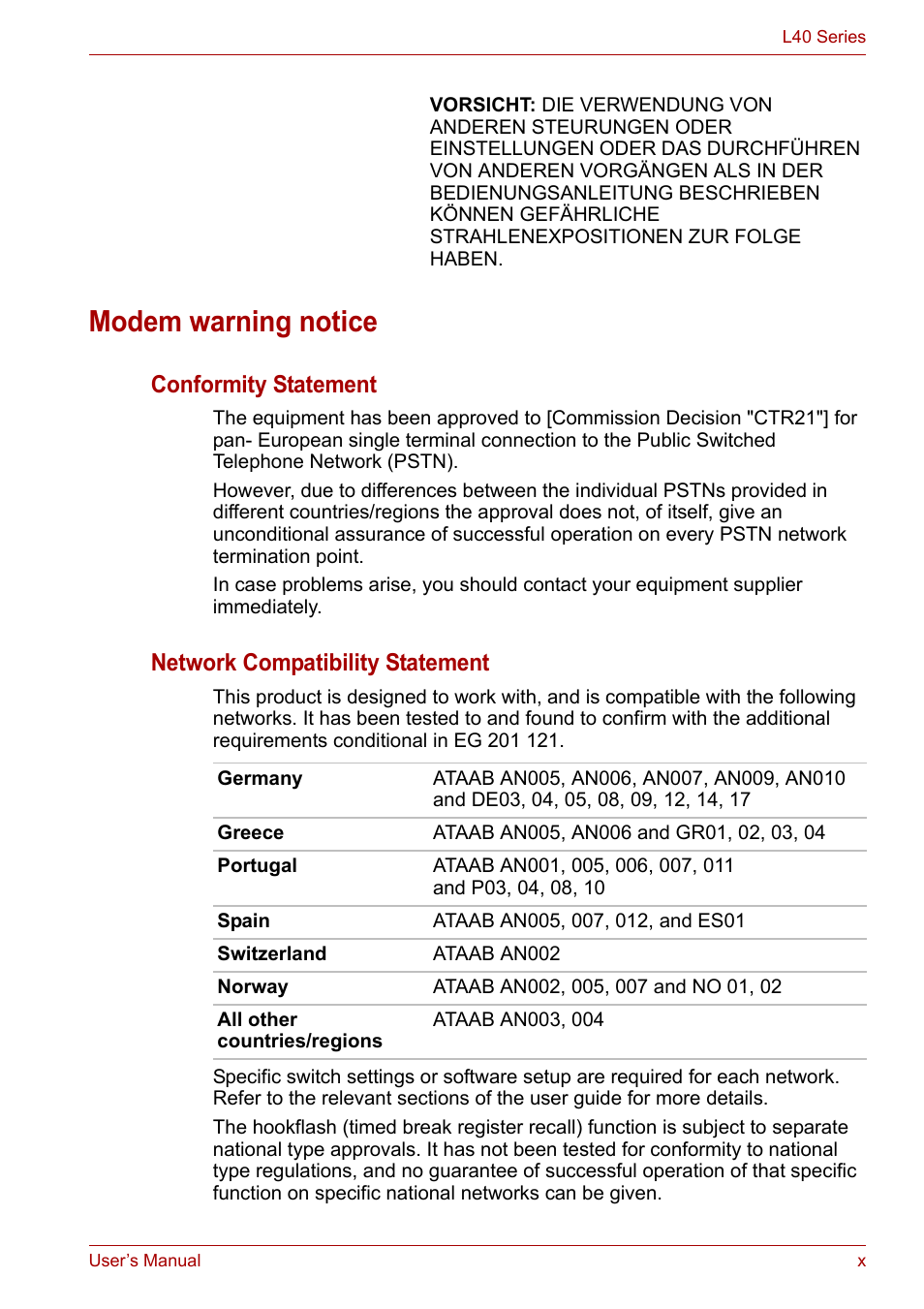 Modem warning notice, Conformity statement, Network compatibility statement | Toshiba Equium L40 User Manual | Page 10 / 126