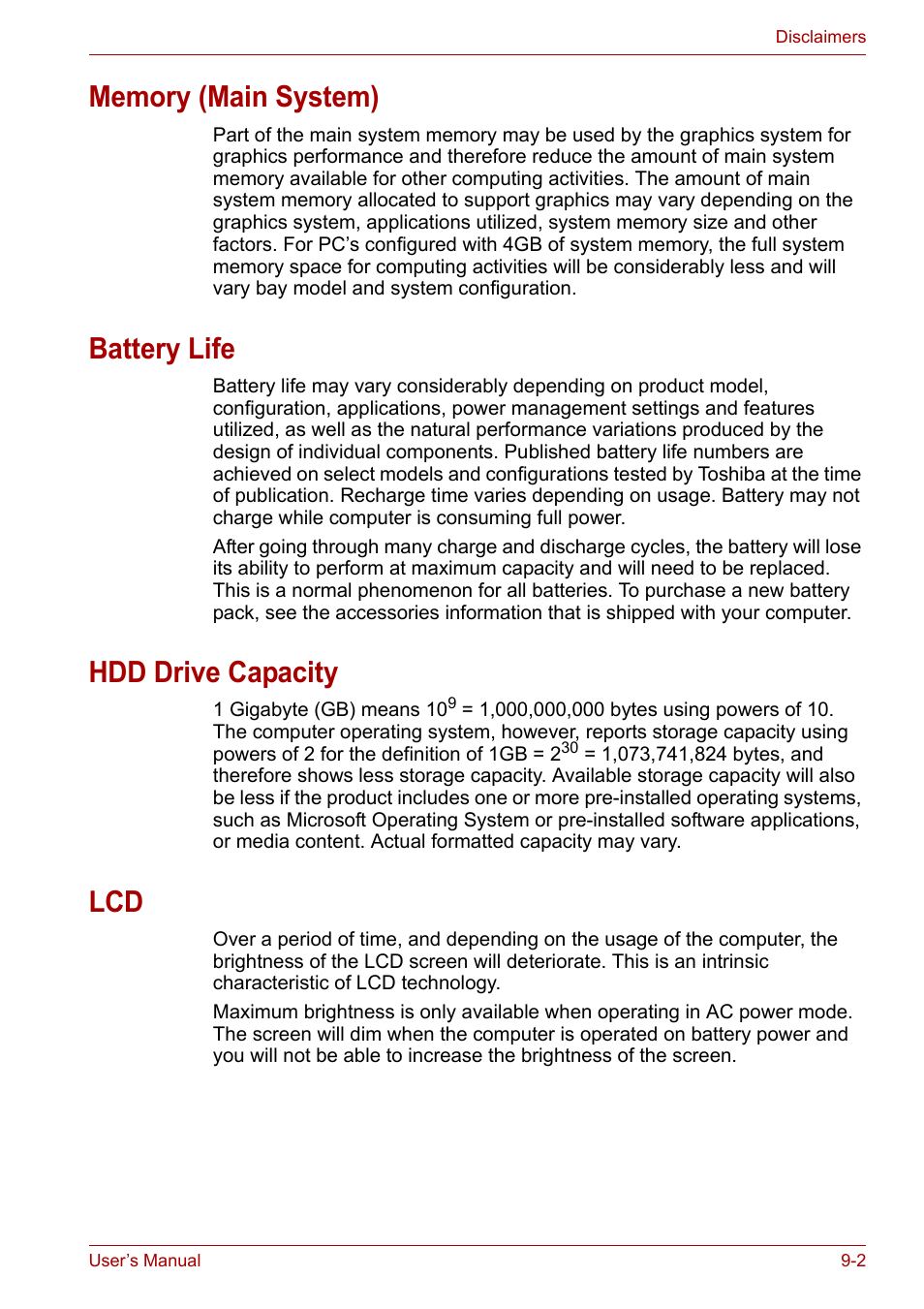 Memory (main system), Battery life, Hdd drive capacity | Toshiba Equium L40 User Manual | Page 109 / 126