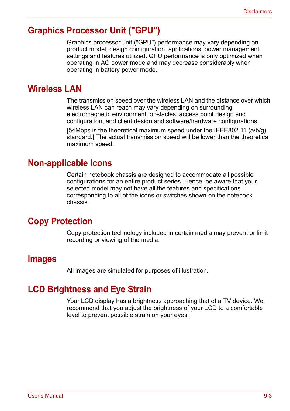 Graphics processor unit ("gpu"), Wireless lan, Non-applicable icons | Copy protection, Images, Lcd brightness and eye strain | Toshiba Equium L40 User Manual | Page 110 / 126